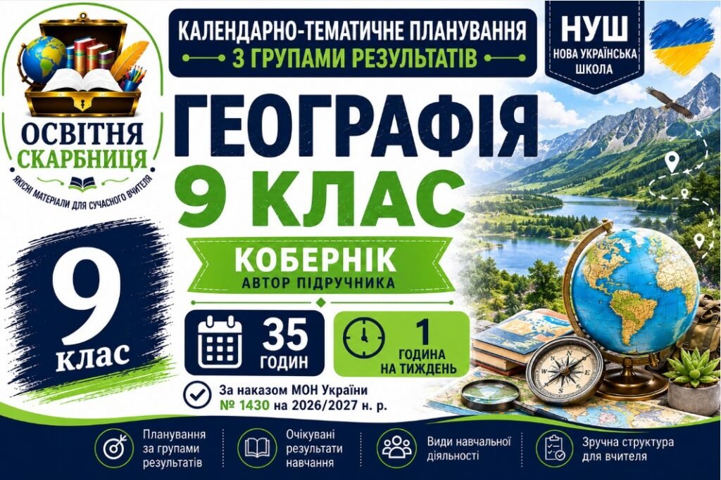 Головне зображення розробки: Календарно-тематичне планування з Географії, 9 клас НУШ — 35 годин / 1 година на тиждень Автор підручника: Кобернік