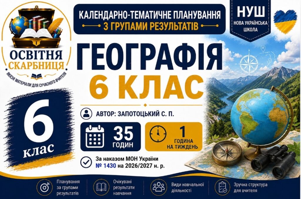 Головне зображення розробки: Календарно-тематичне планування з Географії, 6 клас НУШ — 35 годин / 1 година на тиждень Автор підручника: Запотоцький
