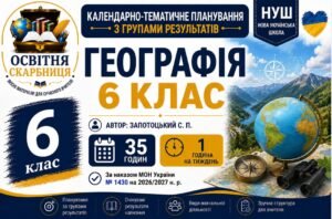 Календарно-тематичне планування з Географії, 6 клас НУШ — 35 годин / 1 година на тиждень Автор підручника: Запотоцький
