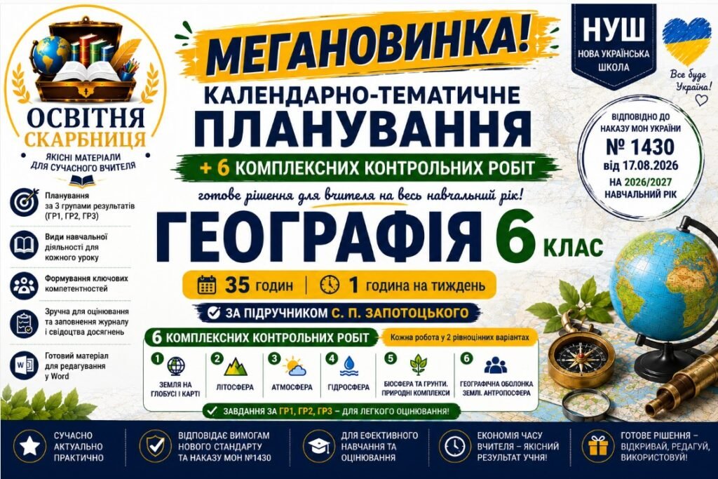 Головне зображення розробки: Календарно-тематичне планування з Географії, 6 клас НУШ — 35 годин / 1 година на тиждень + 6 комплексних підсумкових робіт