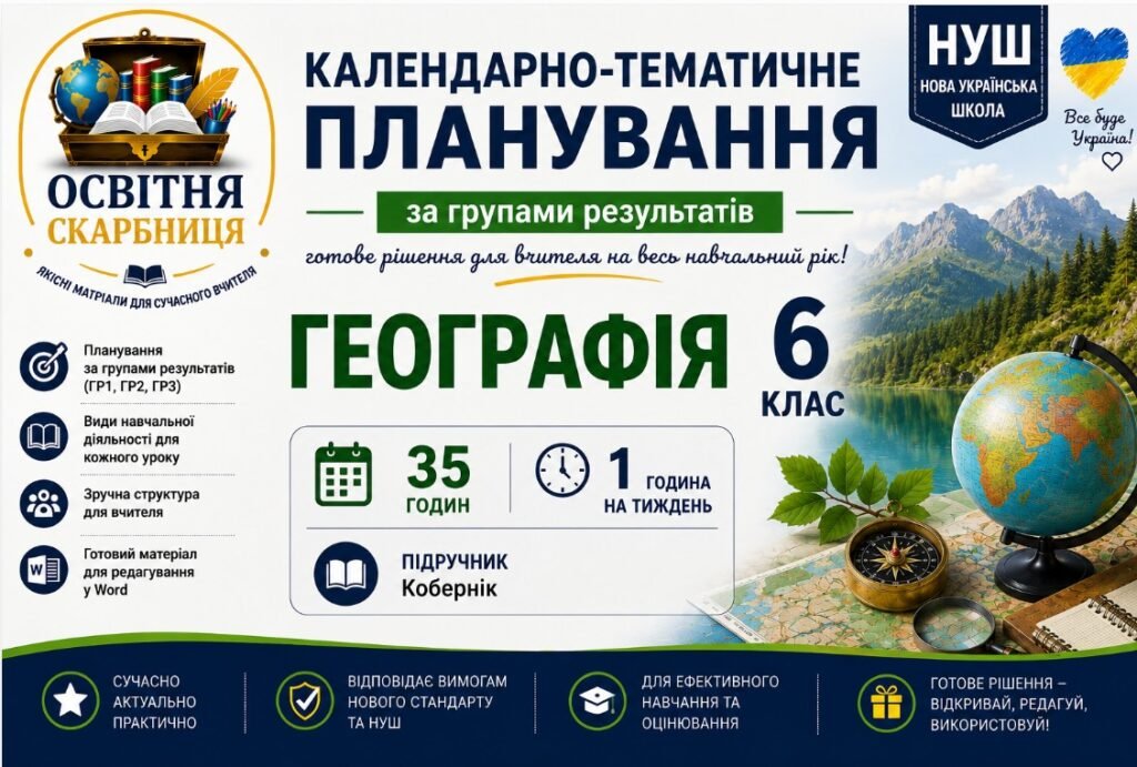 Головне зображення розробки: Календарно-тематичне планування з Географії, 6 клас НУШ — 35 годин / 1 година на тиждень За підручником Коберніка