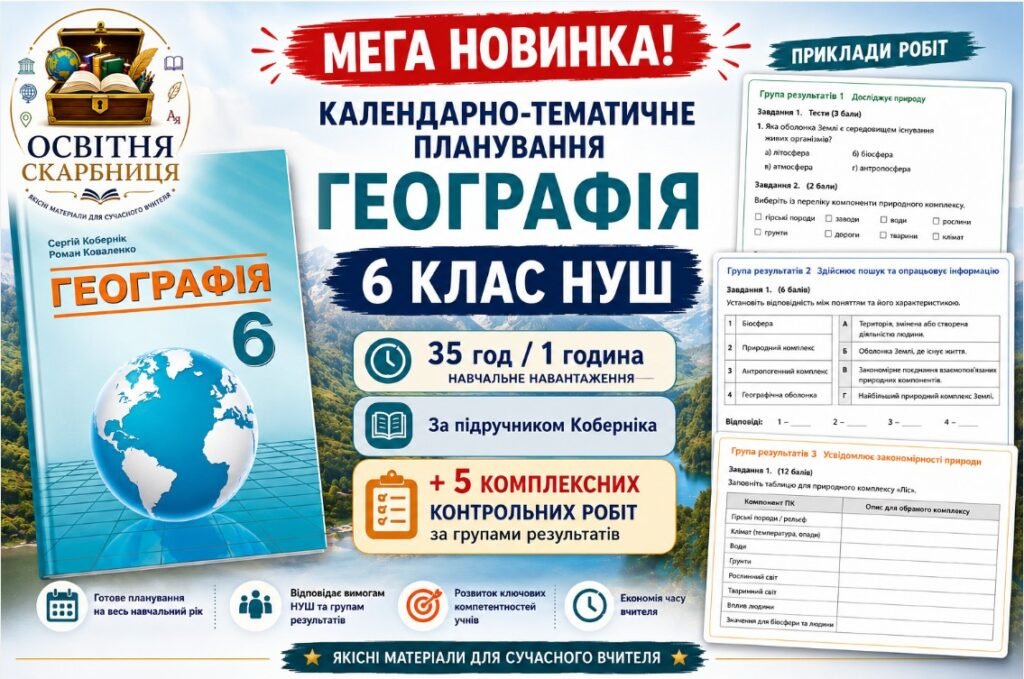 Головне зображення розробки: МЕГА НОВИНКА 🔥 Календарно-тематичне планування Географія 6 клас НУШ. 35 год/1 год + 5 комплексних контрольних робіт з ГР за підручником Коберніка