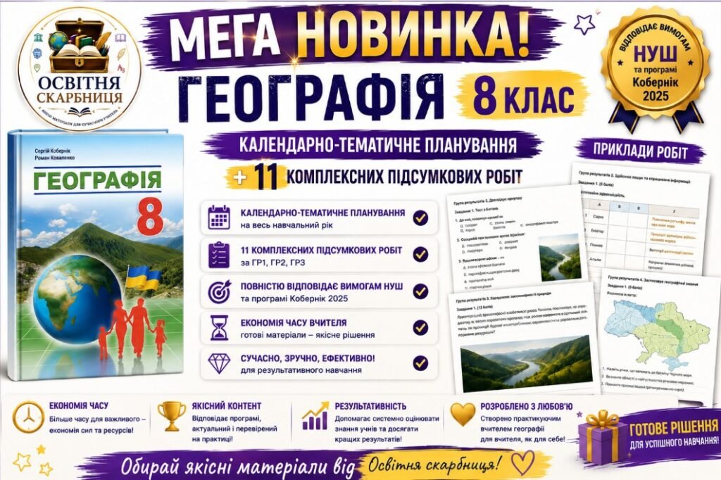 Головне зображення розробки: Географія 8 клас Кобернік — 70 годин / 2 години на тиждень | Календарно-тематичне планування + 11 комплексних контрольних робіт