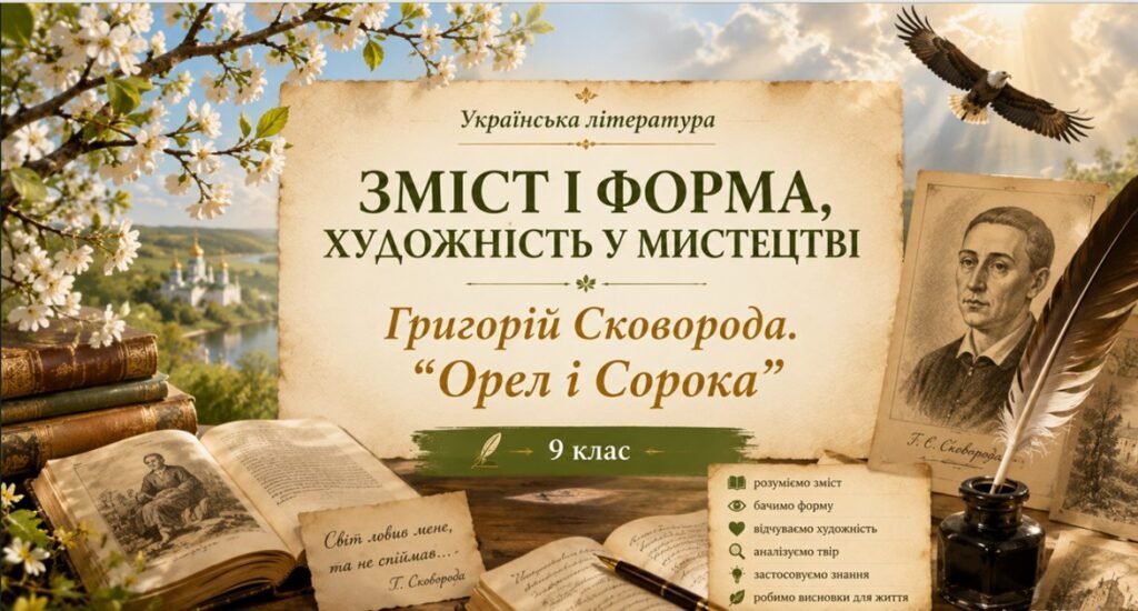 Головне зображення розробки: ПРЕЗЕНТАЦІЯ до уроку української літератури «Зміст і форма, художність у мистецтві. Григорій Сковорода. “Орел і Сорока”» | 9 клас (Яценко)