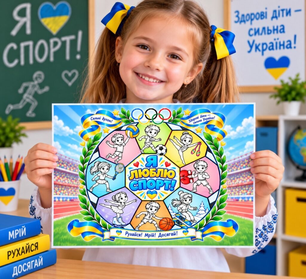 Головне зображення розробки: Розмальовка + аплікація “Я люблю спорт” для учнів початкової школи. Олімпійський тиждень. День спорту.