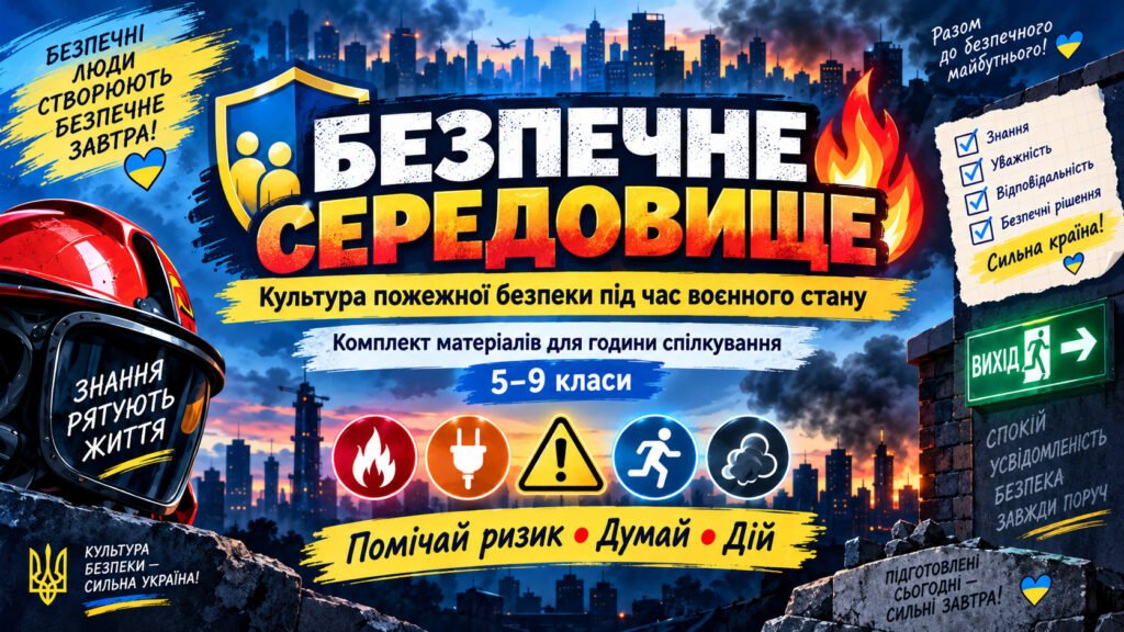 Головне зображення розробки: «Безпечне середовище: культура пожежної безпеки під час воєнного стану» Комплект матеріалів для години спілкування
