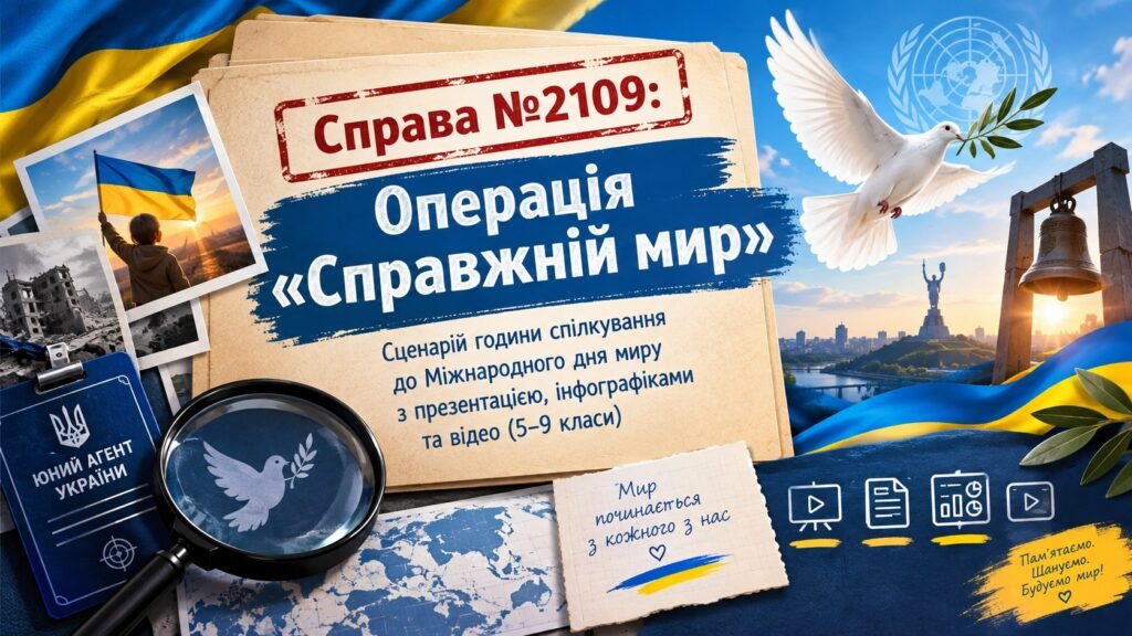 Головне зображення розробки: Справа №2109 Операція «Справжній мир». Сценарій години спілкування до Міжнародного дня миру з презентацією, інфографіками та відео (5–9 класи)