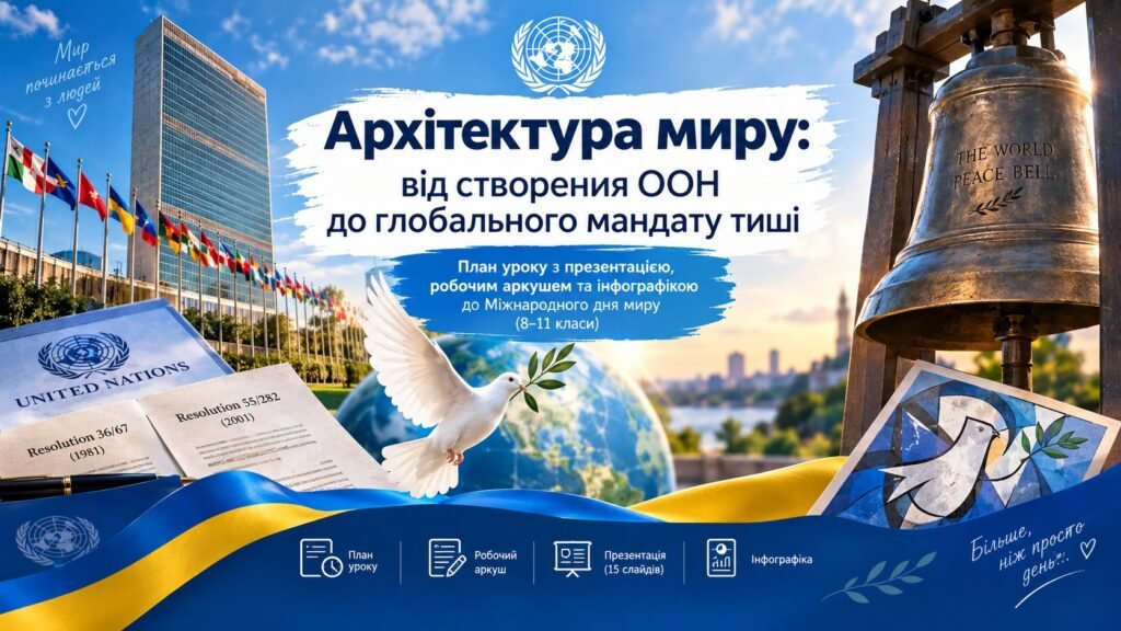 Головне зображення розробки: Архітектура миру: від створення ООН до глобального мандату тиші. План уроку з презентацією, робочим аркушем та інфографікою до Міжнародного дня миру (