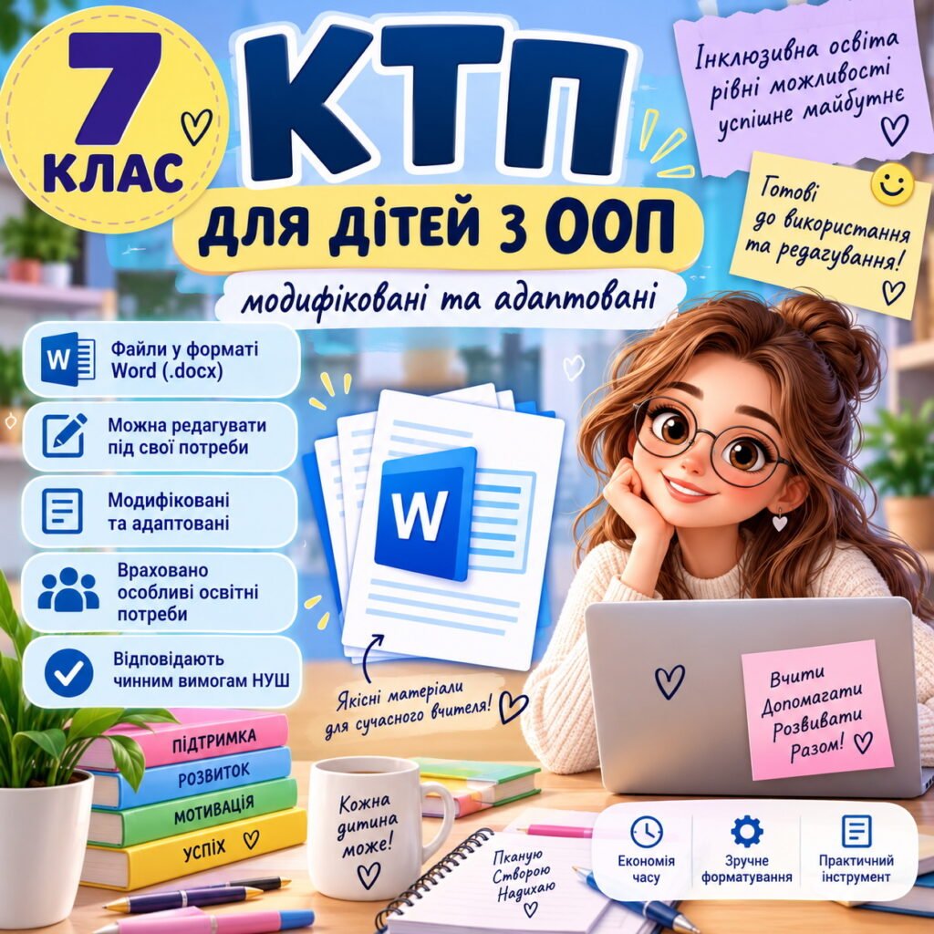 Головне зображення розробки: Модифіковані та адаптовані КТП. 7 клас для дітей з ООП (2, 4 рівні підтримки)
