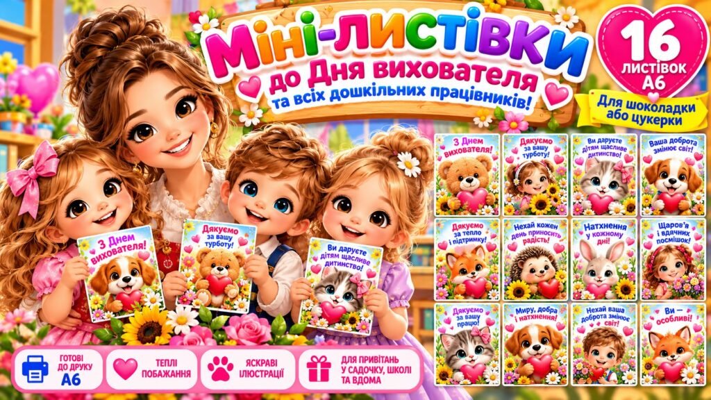 Головне зображення розробки: Міні-листівки «З днем ​​вихователя та всіх дошкільних працівників!» для шоколадки або цукерки в форматі А6