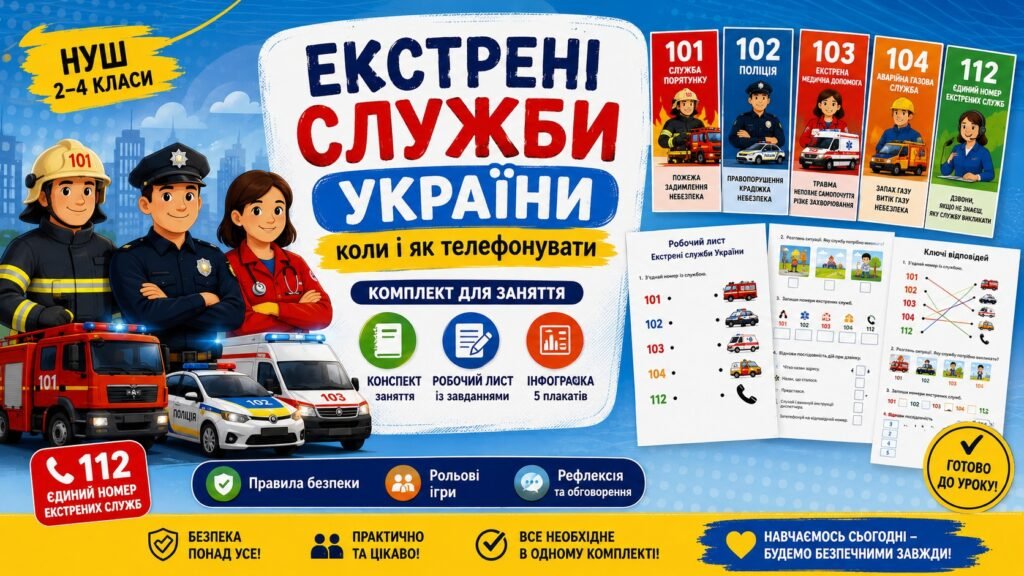 Головне зображення розробки: Екстрені служби України коли і як телефонувати — комплект «Конспект + Робочий лист + Інфографіка»