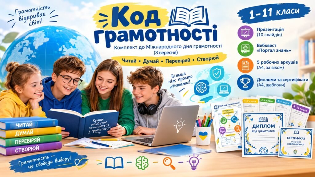 Головне зображення розробки: Код грамотності — комплект до Міжнародного дня грамотності (8 вересня): презентація, вебквест, робочі аркуші 1–11 клас, дипломи