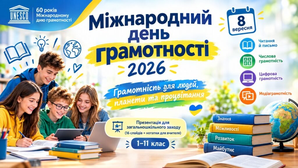 Головне зображення розробки: Міжнародний день грамотності 2026 — презентація для загальношкільного заходу (16 слайдів + нотатки для вчителя), 1–11 клас