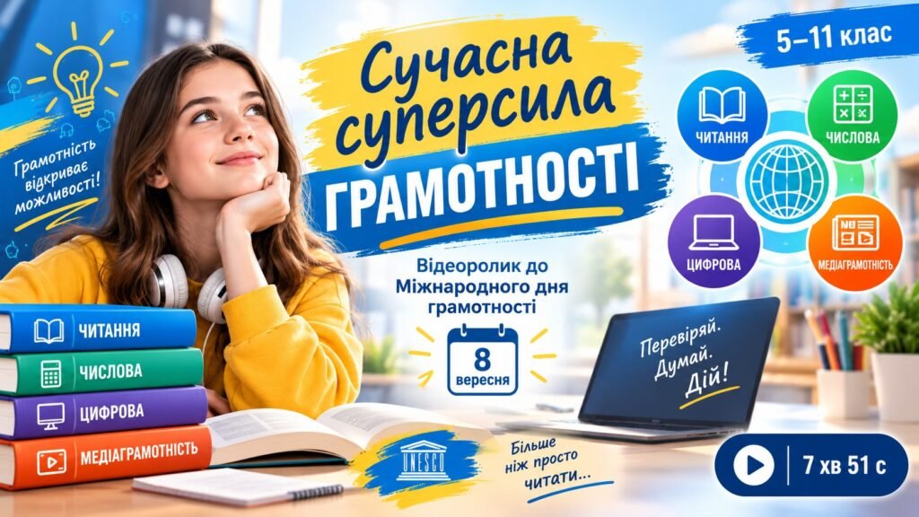 Головне зображення розробки: Сучасна суперсила грамотності — відеоролик до Міжнародного дня грамотності (8 вересня), 8 хвилин, 5–11 клас