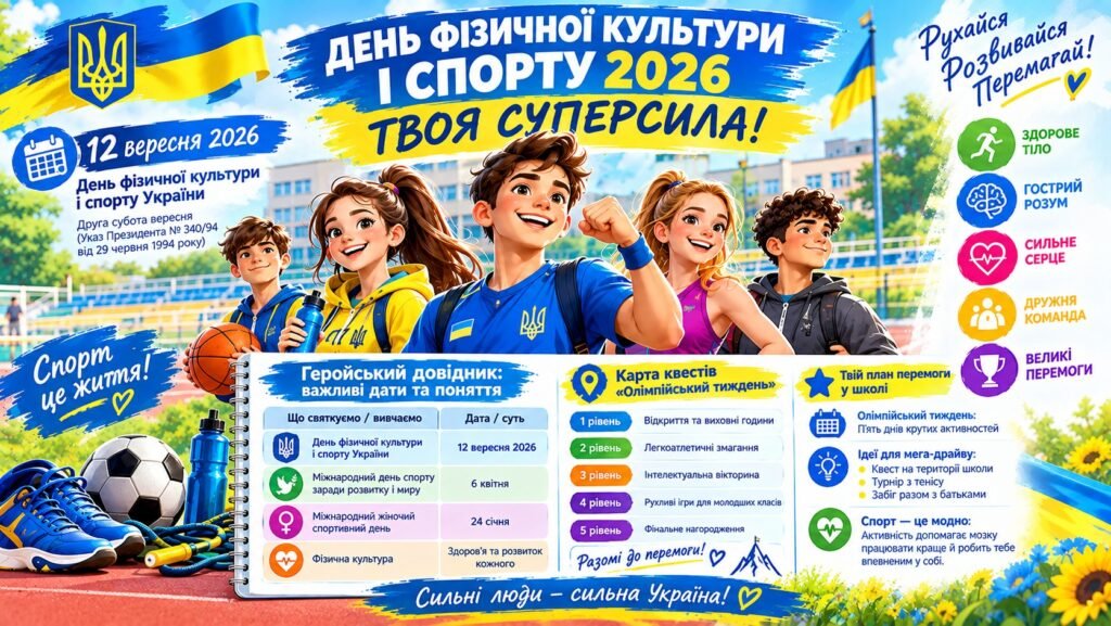Головне зображення розробки: День фізичної культури і спорту 2026 (12 вересня) — комплект презентація 18 слайдів, 2 відеоролики, інфографіка