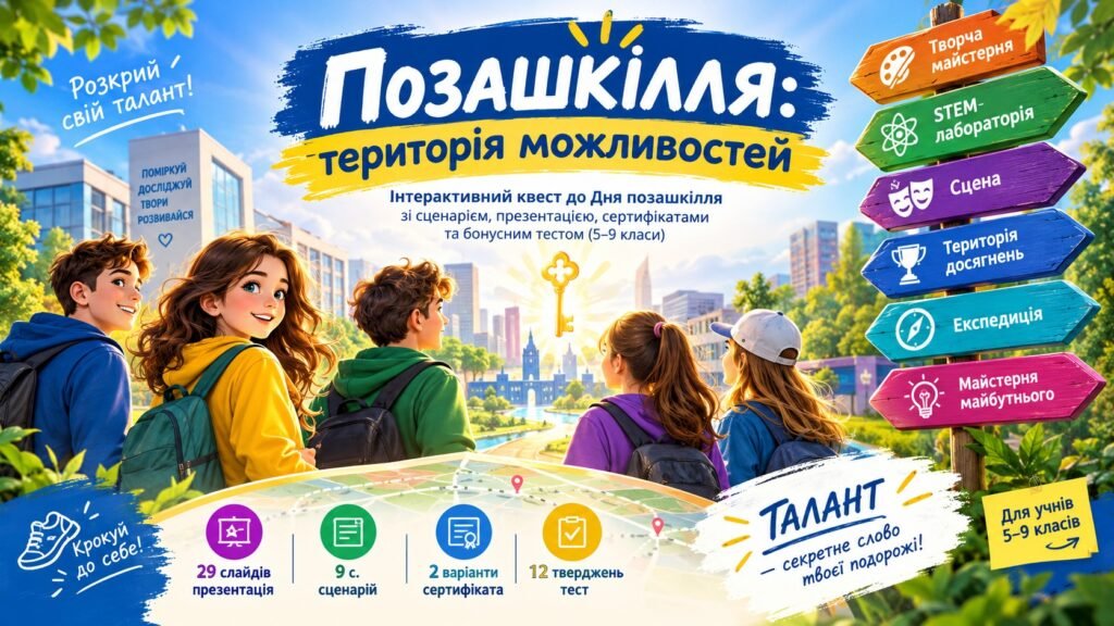 Головне зображення розробки: Позашкілля: територія можливостей. Інтерактивний квест до Дня позашкілля зі сценарієм, презентацією, сертифікатами та бонусним тестом (5