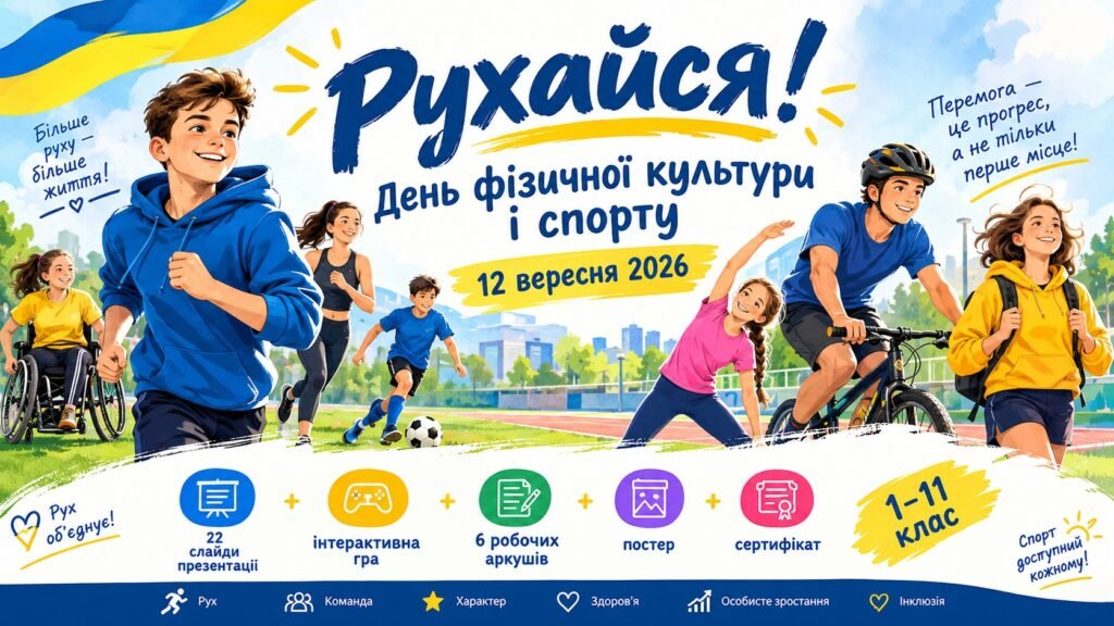 Головне зображення розробки: Рухайся! День фізичної культури і спорту 2026 (12 вересня) — комплект: 22 слайди, інтерактивна гра, 6 робочих аркушів, постер, сертифікат