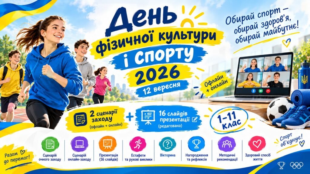 Головне зображення розробки: День фізичної культури і спорту 2026 (12 вересня) — два сценарії заходу (офлайн + онлайн) та редагована презентація на 16 слайдів, 1–11 клас