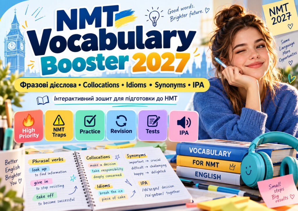 Головне зображення розробки: NMT Vocabulary Booster 2027 — це структурований інтерактивний збірник для підготовки до НМТ з англійської мови