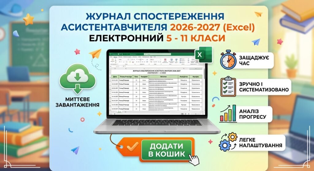 Головне зображення розробки: Журнал спостереження асистента вчителя 2026-2027 (Excel) електронний 5 – 11 класи