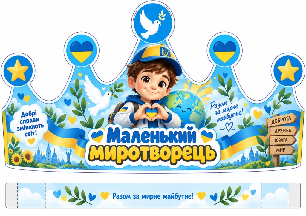Головне зображення розробки: 👑 КОРОНИ ДО ДНЯ МИРУ «МАЛЕНЬКИЙ МИРОТВОРЕЦЬ» (10 шт)