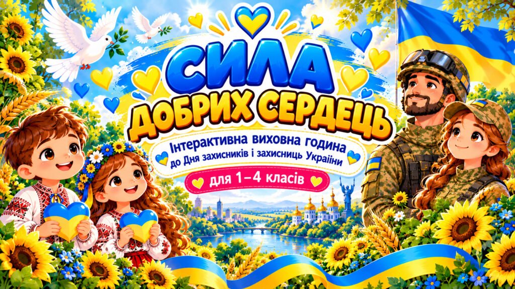 Головне зображення розробки: «Сила добрих сердець» — інтерактивна виховна година до Дня захисників і захисниць України для 1–4 класів.