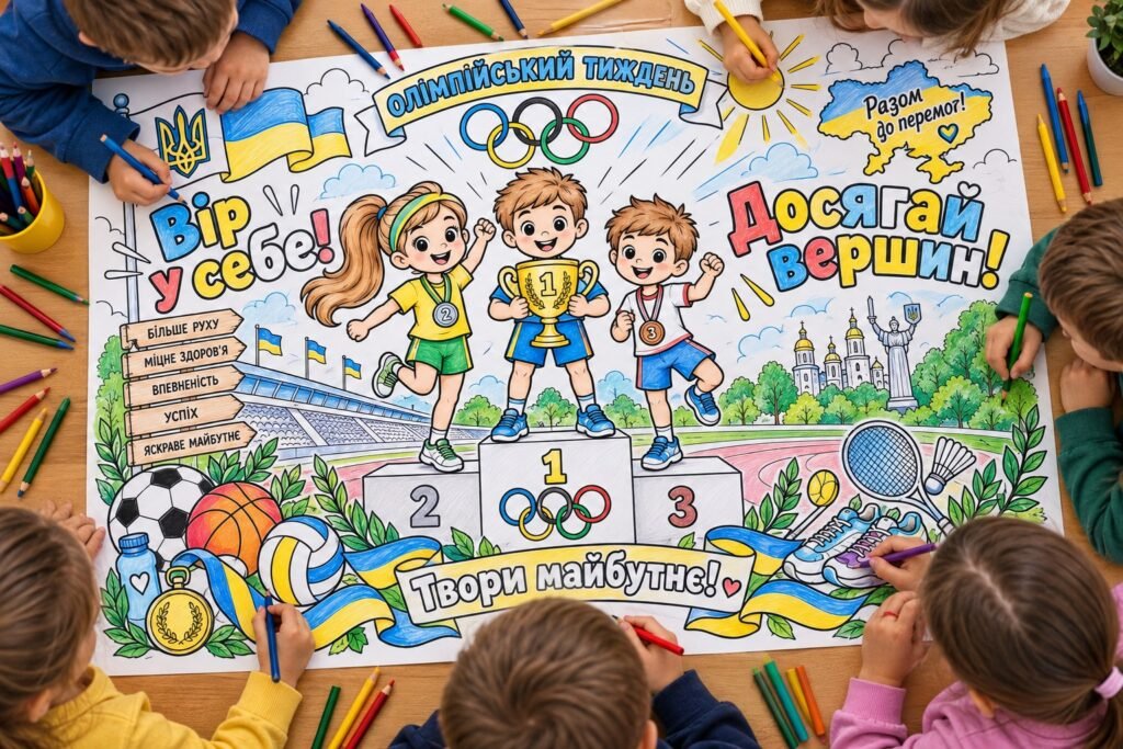 Головне зображення розробки: Мегарозмальовка до Олімпійського тижня «Вір у себе! Досягай вершин! Твори майбутнє!» 1, 4, 9, 16 аркушів.
