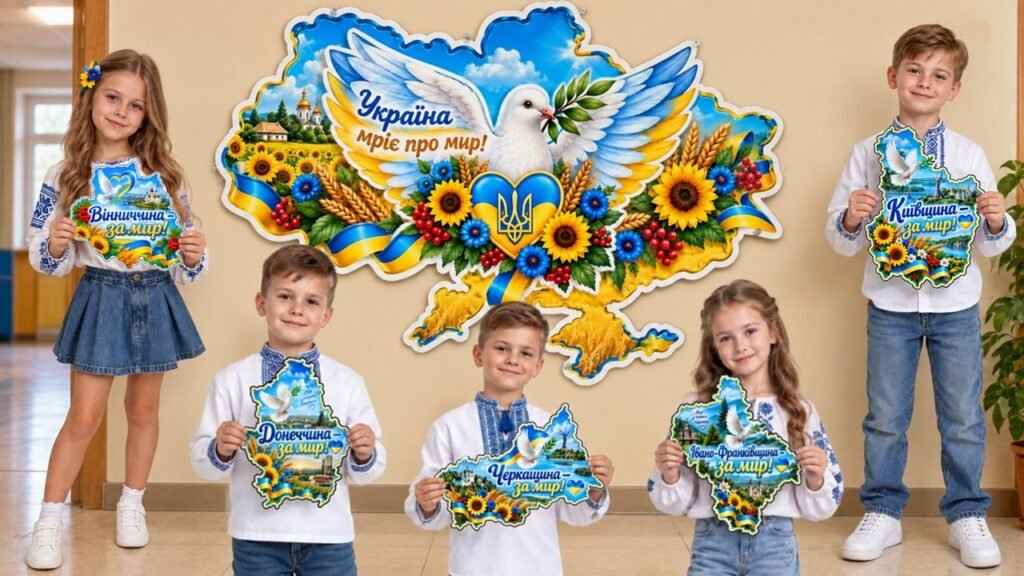 Головне зображення розробки: МЕГАФЛЕШМОБ 🕊️ УКРАЇНА — ЗА МИР! 💙💛. Карта України та області для оформлення чи флешмобу