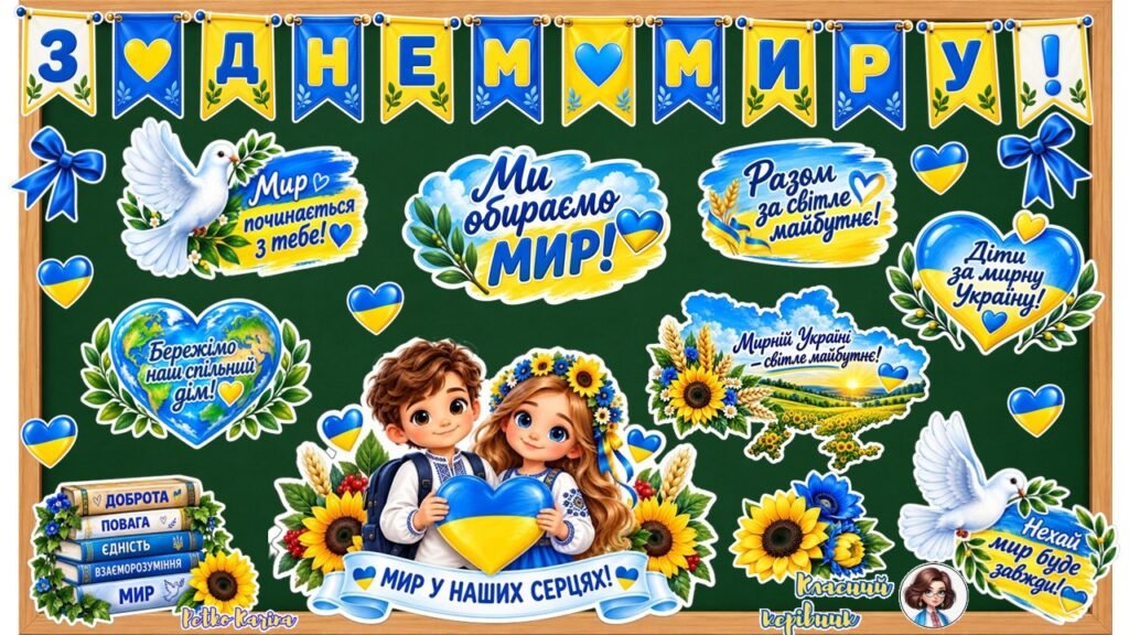 Головне зображення розробки: 🕊️💙💛 СТИЛЬНЕ ОФОРМЛЕННЯ ДОШКИ ДО ДНЯ МИРУ 💙💛🕊️