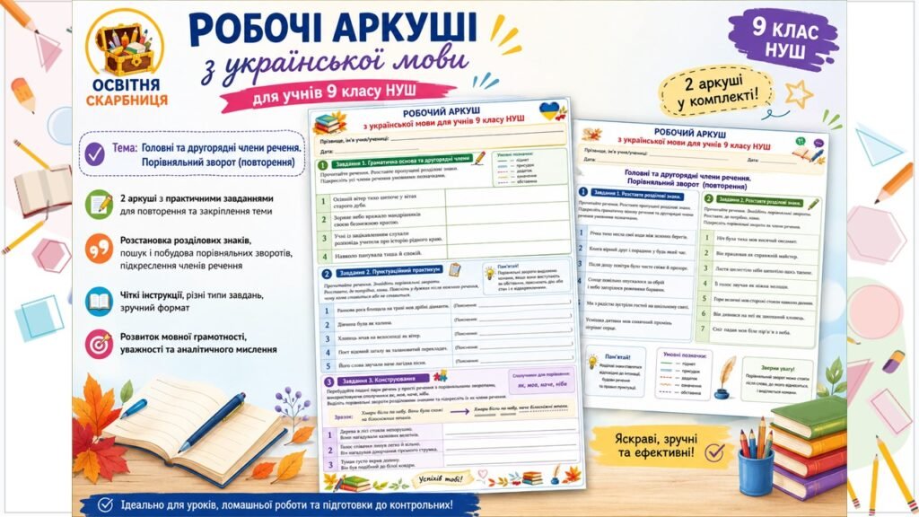 Головне зображення розробки: Робочі аркуші. 9 клас НУШ. Головні та другорядні члени речення. Порівняльний зворот (повторення)