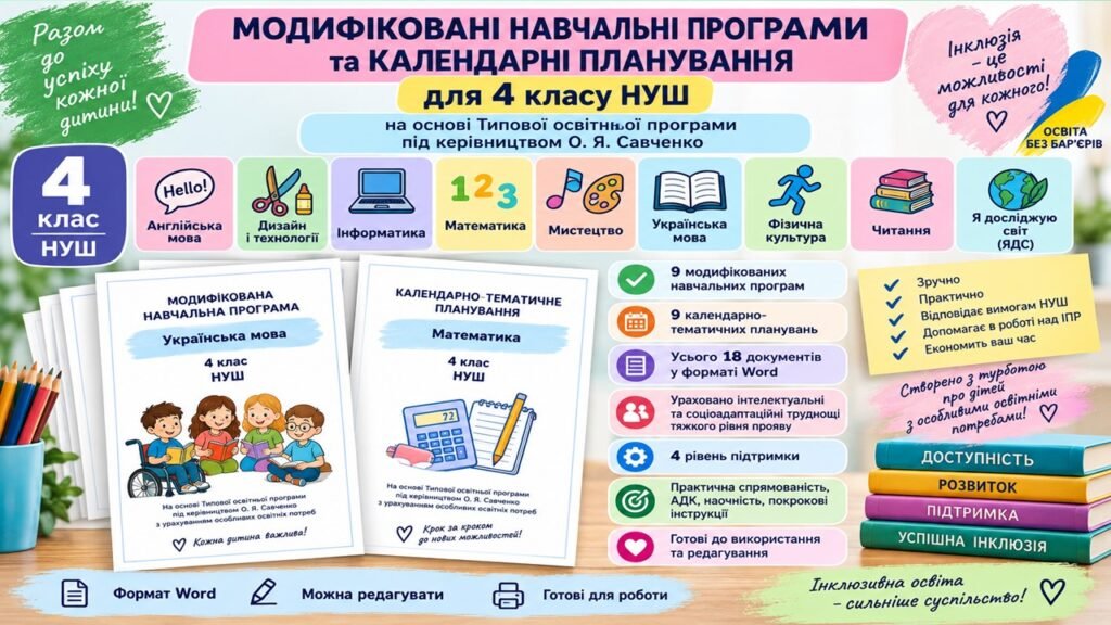 Головне зображення розробки: Модифіковані навчальні програми та календарні планування для 4 класу НУШ | 9 предметів | ООП, 4 рівень підтримки | за О. Я. Савченко