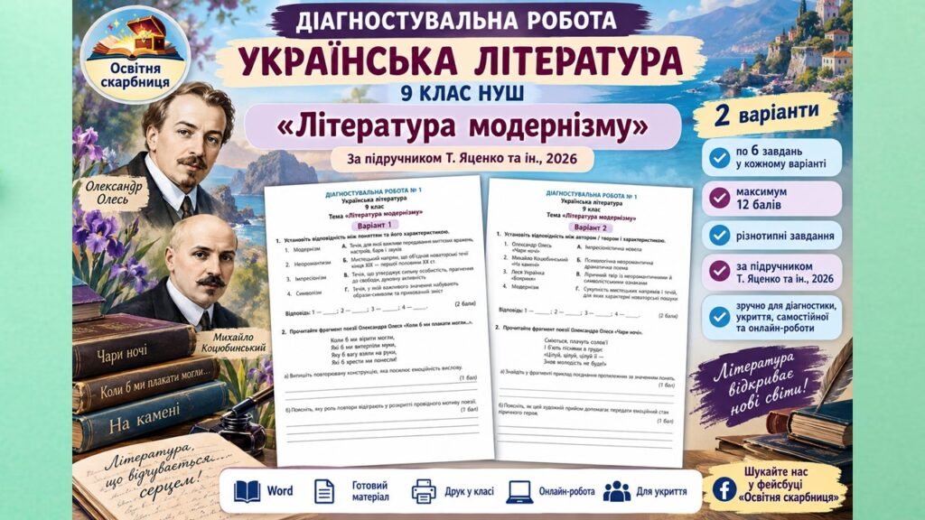 Головне зображення розробки: Діагностувальна робота з української літератури для 9 класу НУШ «Література модернізму». Підручник:Т. Яценко та ін., 2026