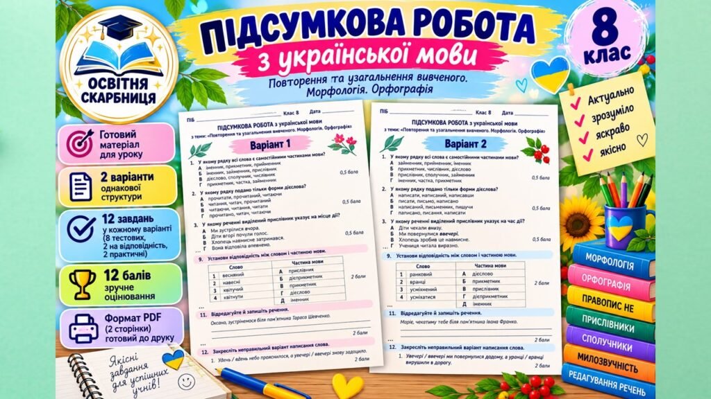 Головне зображення розробки: Підсумкова робота з укр мови для 8 НУШ класу «Повторення та узагальнення вивченого. Морфологія. Орфографія» за МНП О. Заболотного (Без ГР)