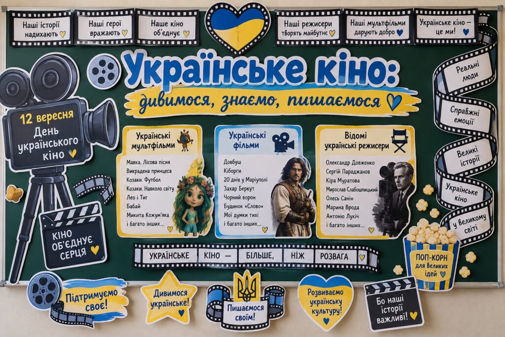 Головне зображення розробки: 🎬 Оформлення дошки «Українське кіно: дивимося, знаємо, пишаємося» (12 вересня)