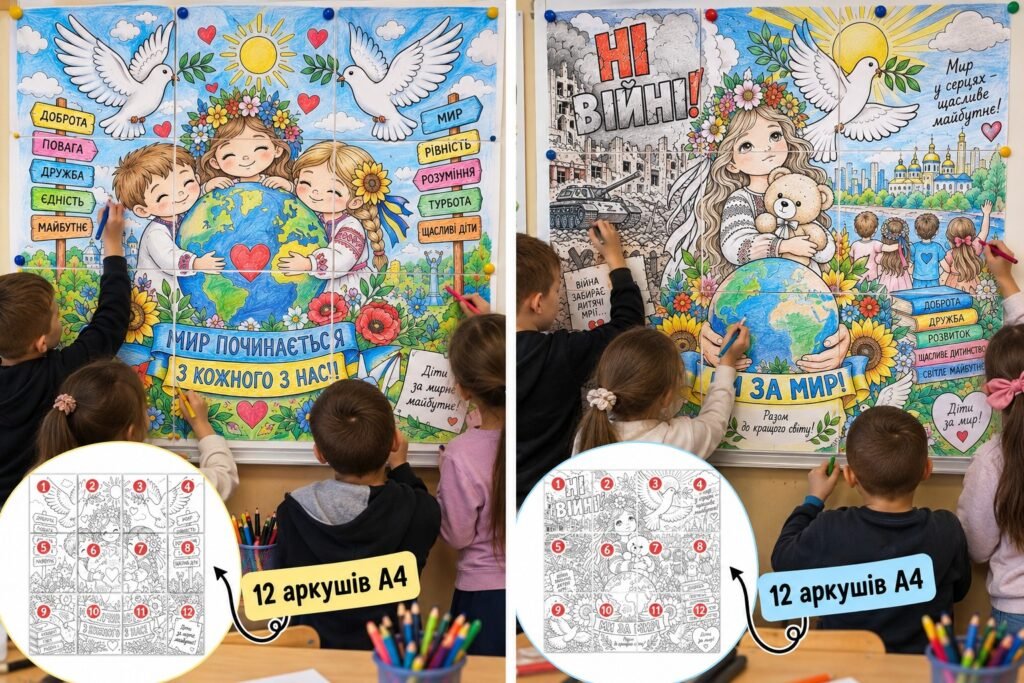 Головне зображення розробки: 🌍 Розмальовки до Дня миру — великий формат| Колективна розмальовка для класу 🕊️