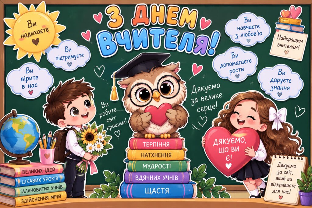 Головне зображення розробки: 🌸 Оформлення дошки до Дня вчителя «Дякуємо за велике серце!»