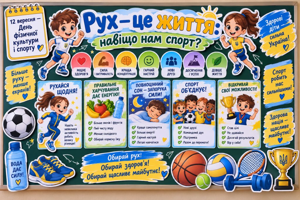 Головне зображення розробки: 💪 Оформлення дошки «Рух — це життя: навіщо нам спорт?» (12 вересня)