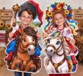 🇺🇦 Фотобутафорія «Козак і козачка на конях» з отворами для обличчя до Дня козацтва