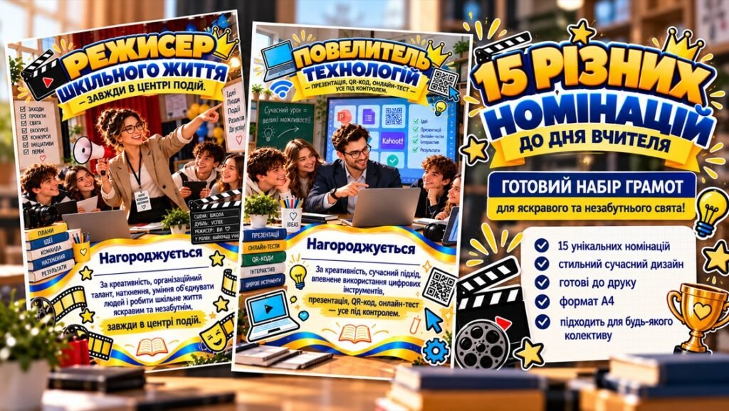 Головне зображення розробки: День вчителя. Яскравий набір грамот із 15 оригінальними номінаціями для педагогів!