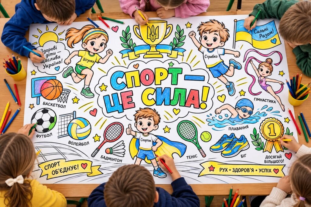 Головне зображення розробки: Мегарозмальовка до Олімпійського тижня «Спорт — це сила!» 1, 4, 9, 16 аркушів.