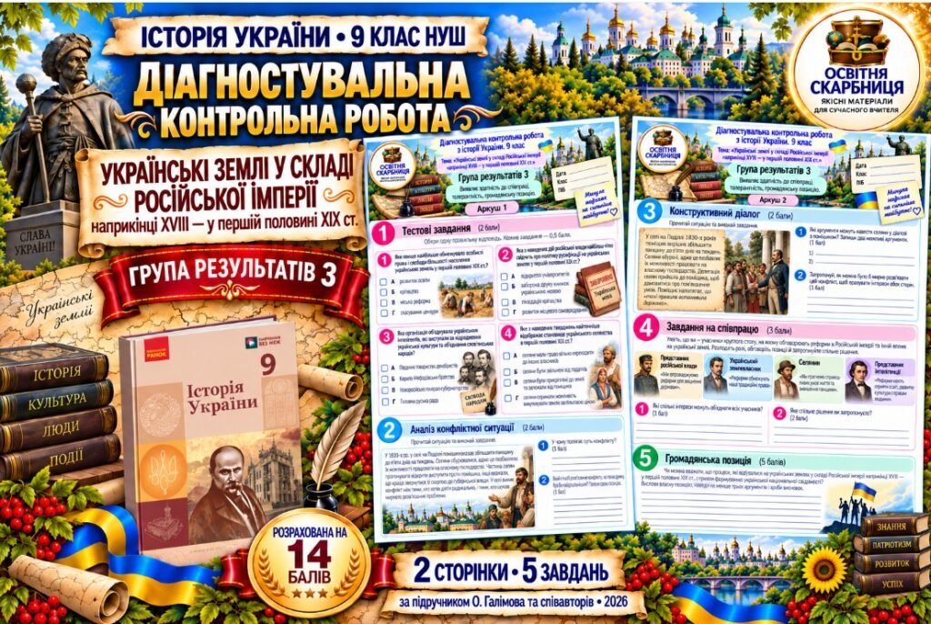 Головне зображення розробки: Діагностувальна контрольна робота з історії України. Група результатів 3 — 9 клас НУШ за підручником Галімова