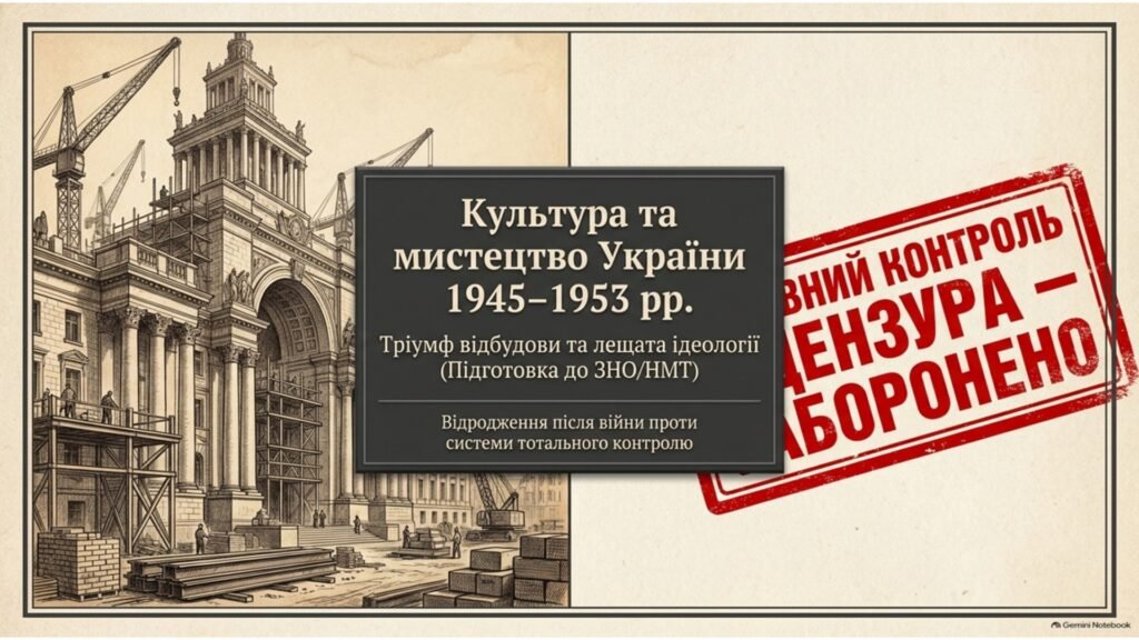 Головне зображення розробки: Конспект + презентація до уроку 11 клас “Культура післявоєнної доби 1945-1953 рр.” за матеріалами ЗНО.