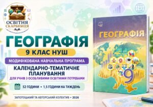 Географія. 9 клас НУШ — модифікована навчальна програма та КТП для учнів з ООП (52 години) | Запотоцький та авторський колектив, 2026