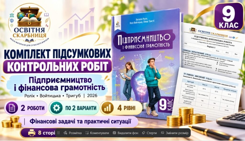 Головне зображення розробки: Комплект підсумкових контрольних робіт «Підприємництво і фінансова грамотність». 9 клас НУШ. За підручником Ролік