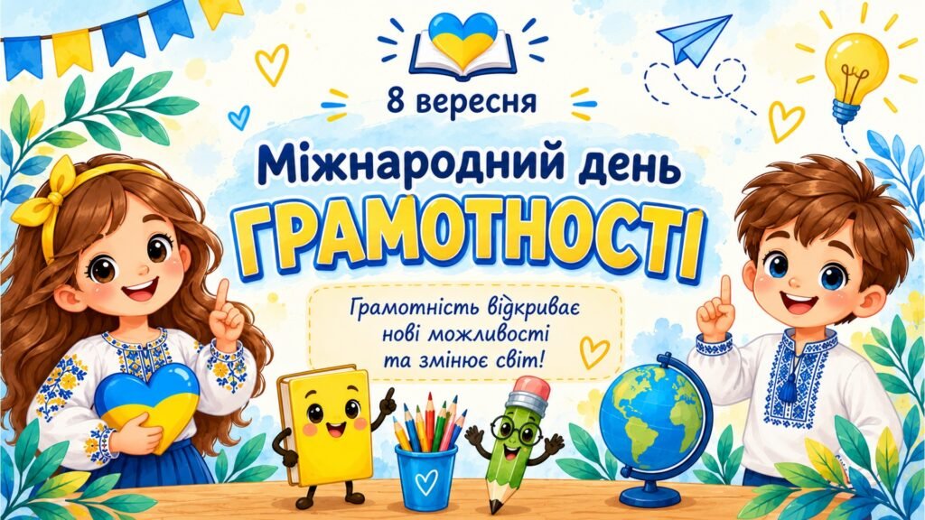 Головне зображення розробки: Міжнародний день грамотності (08.09) – готовий набір для початкової школи. Презентація, аркуші для друку, грамота.