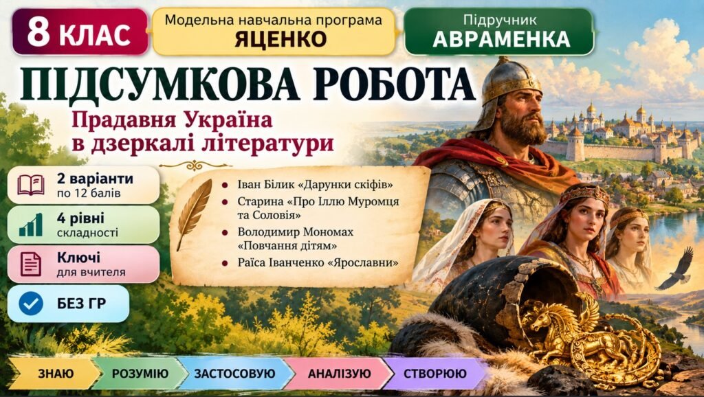 Головне зображення розробки: 8 клас. Підсумкова (діагностична) робота з укр. л-ри “Прадавня Україна в дзеркалі літератури”; МНП Яценко; підр. Авраменка; 2 варіанти; БЕЗ ГР!!!