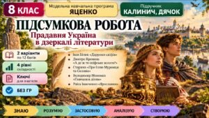 8 клас. Підсумкова (діагностична) робота з укр. л-ри “Прадавня Україна в дзеркалі літератури”; МНП Яценко; підр. Калинич; 2 варіанти; БЕЗ ГР!!!