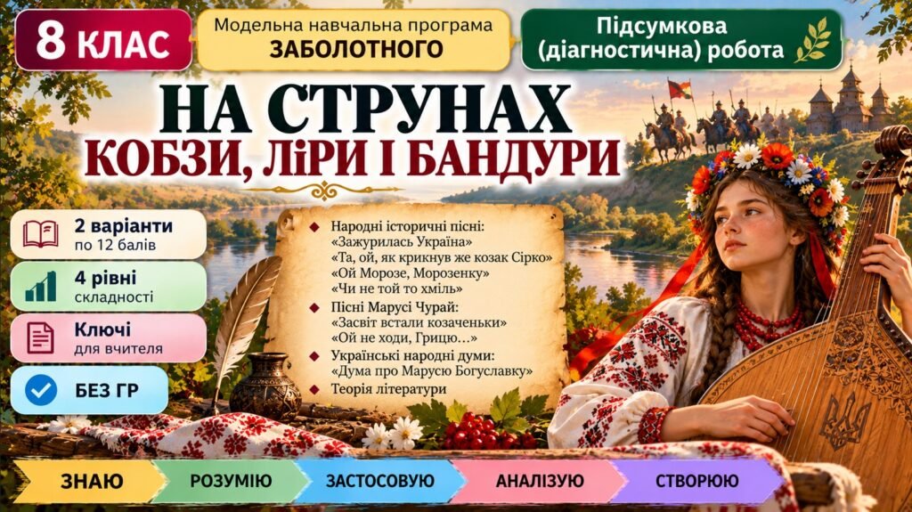 Головне зображення розробки: 8 клас. Підсумкова (діагностична) робота з укр. л-ри “На струнах кобзи, ліри і бандури”; МНП Заболотного; 2 варіанти; БЕЗ ГР!!!