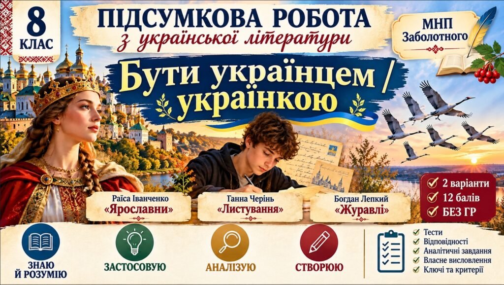 Головне зображення розробки: 8 клас. Підсумкова (діагностична) робота з укр. л-ри “Бути українцем/українкою”; МНП Заболотного; 2 варіанти; БЕЗ ГР!!!