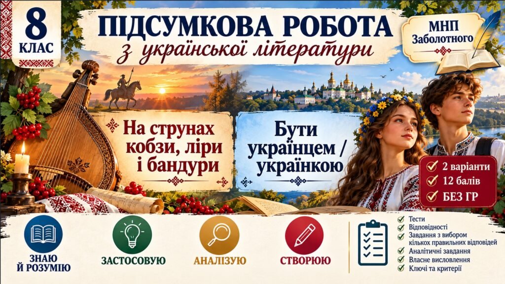 Головне зображення розробки: 8 клас. Підсумкова (діагностична) робота з укр. л-ри “На струнах кобзи, ліри і бандури. Бути українцем/українкою”; МНП Заболотного; 2 варіанти; БЕЗ ГР